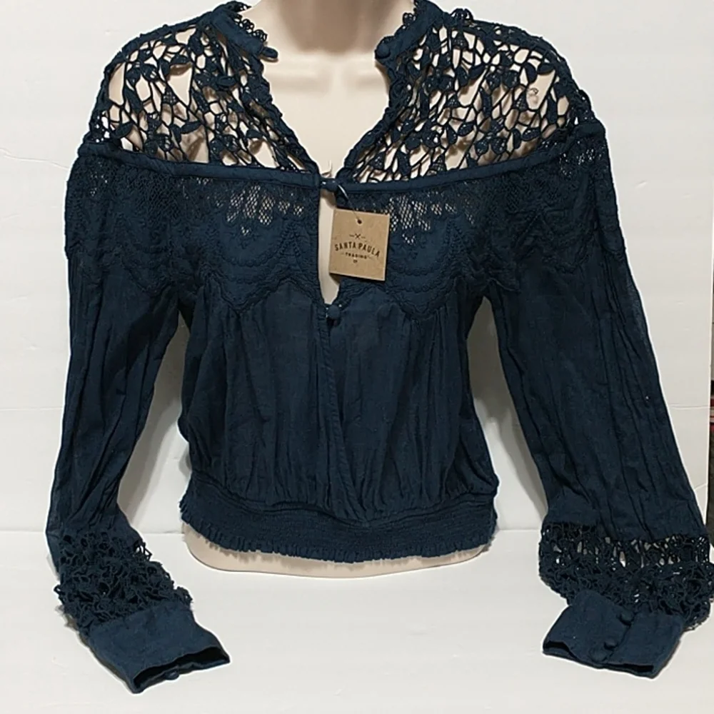 Free People Santa Paula Navy blue long sleeve blouse women size XS
